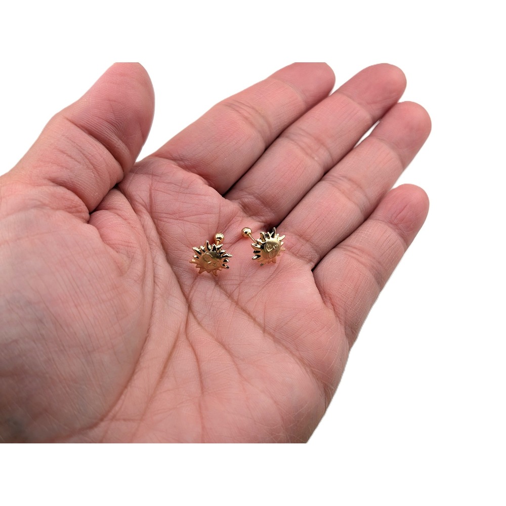14K Solid Gold Sun Face Stud Earrings Celestial Sun ray Studs - Picture 6 of 9
